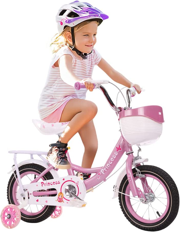 Kids Bike with Hand Brake and Basket for Ages 3-8 Years, 12 Inch Princess Bikes Bicycles With backseat, Children Bicycle. Purple
